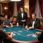 Players competing at LV88 poker table in a luxurious casino VIP area with elegant decor.