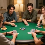 Megaplus88 friends enjoying poker night with chips and cards in cozy atmosphere