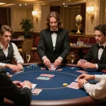TR88 poker players strategizing over cards in an elegant casino setting, highlighting high-stakes excitement.