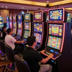 Players enjoying slot gacor games at colorful casino slot machines with vibrant displays.