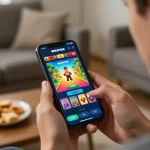 Engaging in NEKATWIN daftar online casino gaming on smartphone in cozy home.