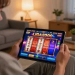 LIGA2000 player excitedly spinning online slot reels in a cozy home setting