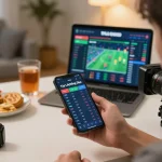 Engaged user analyzing Tỷ Lệ Bóng Đá on a mobile app in a cozy home environment.