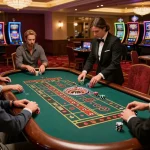 Exciting gameplay at trang chủ KO66 featuring players betting at a roulette table in a luxurious casino setting.