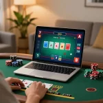 Player engaging in live dealer blackjack on 99ok laptop in modern home setup.