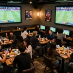 KÈO TRỰC TUYẾN fans engaging with online betting while watching live sports in a vibrant atmosphere