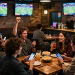 Experience the thrill of sports betting with sunwin at a vibrant bar, cheering patrons, and live game action.