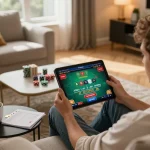 Engaged player enjoying king33 online blackjack on a tablet in a cozy home setting, emphasizing responsible gambling.