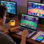 Suasana menarik permainan online di Situs Judi Online, menampilkan seorang pemain yang terlibat dalam aksi dengan antarmuka permainan yang cerah dan catatan strategi.