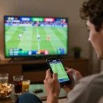 Engaged bettor using GO88 app for live betting on a thrilling sports match in a cozy home setting.