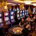 Action-packed view of players at a casino, engaging with slot machines, emphasizing nhà cái experience in vibrant setting.