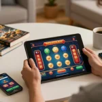 Engaging player at home using dinamit4d app on tablet for immersive online gambling experience.