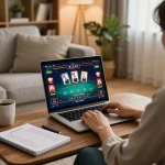 33win player enjoying online poker game in a cozy home setting with strategies at hand.