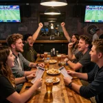 Fans engaging in sports betting excitement at a lively bar while using god55vn for real-time wagers