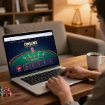 hb88 player engaging in an online blackjack game at home, showcasing stylish gaming setup.