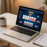 Player engaging with the RR88 online poker interface, showcasing a cozy home gaming environment.
