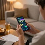 Player engaging with the bk8 mobile app for live betting in a cozy living room.