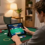 sun win online poker game in a cozy home setting with focused player and colorful chips