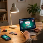 TAYA777 app being played on a laptop during a cozy home gaming session, displaying strategic poker gameplay.