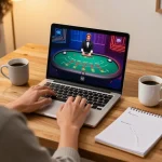 Engaging player at nhà cái 5679 blackjack table on laptop with strategic notes.