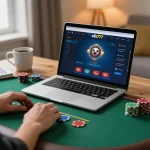 Player interacting with ufo777 online poker platform, blending casual comfort with strategic gameplay.