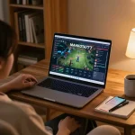 Pengalaman bermain MAHKOTA777 di rumah, menunjukkan setup nyaman dengan laptop dan catatan