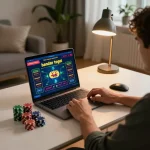Terlibat dalam permainan bandar togel online di pengaturan rumah yang bergaya, menyoroti kegembiraan dan strategi.