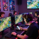 Exciting gaming environment featuring dragon77 gamers engaged in competitive online play with high-tech setups.