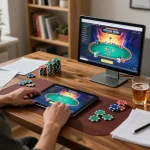 Engaged in online poker at home with 388bet tablet showing betting options and strategies.