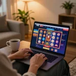 Player enjoying online casino gaming on the TG88 platform at home with cozy decor