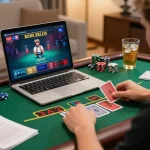 uu88 player enjoying an engaging online blackjack game on a laptop while sipping a drink.