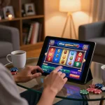 Situs ggdewa777 player enjoying online slots in cozy home atmosphere with vibrant screen and casino chips.