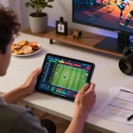 Person analyzing soi kèo nhà cái on a tablet in a cozy home environment, showcasing an engaging sports betting scene.