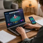 A person engaging with a nhà cái online betting app, analyzing odds while taking notes.