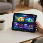 Engaging gameplay on NK88 mobile app with a tablet showing casino options in a cozy setting