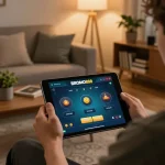 BROMO888 user engaging in online gambling on tablet in a cozy home setting.
