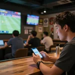Soi Kèo sports betting scene with user engaged in live betting, vibrant bar atmosphere