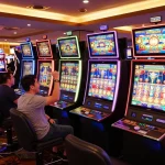 Exciting players celebrating slot gacor wins at colorful slot machines in a vibrant casino atmosphere.