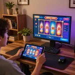 Player enjoying situs slot gameplay on tablet, showcasing vibrant online casino experience.