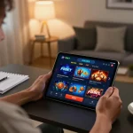 Engaging with the F8BET app on a tablet in a cozy home gaming setup