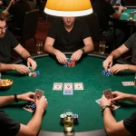 Engaged players demonstrating strategic gameplay at OKFUN poker table, illuminated by warm lighting.