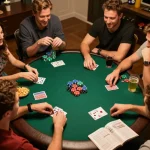 Cakhia TV empowering friends at a lively home poker night with chips and cards creating a friendly competition.