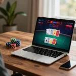 Engaging in blackjack strategy on botanicabali online gaming platform from a stylish home office.