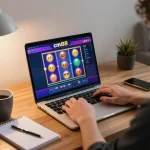 Player engaging with cm88 online casino on laptop at home, tracking bets with notes.