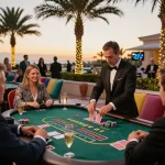 Players engaging at a high-stakes blackjack table at 888New casino, showcasing sophisticated atmosphere and gameplay