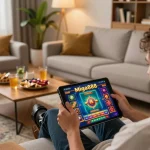 Permainan Mega888 versi asal di tablet di ruang tamu yang selesa, menampilkan perjudian mudah alih yang menarik.