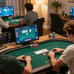 Players analyze poker hands using okfun platform in a cozy home office setting
