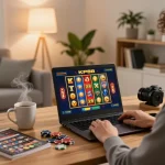 Engaging in KP88 slots gameplay at home with vibrant screen display and cozy atmosphere.