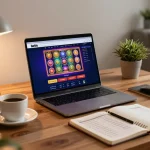 Iwin online casino gaming setup with a warm atmosphere, laptop displaying vibrant slot interface.