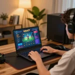 Engaging scene of a player using kdslot77 online casino platform in a cozy home office.